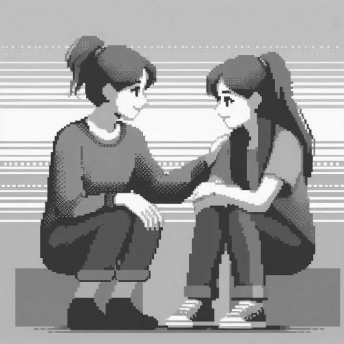 Pixel art image of a woman mentoring another.