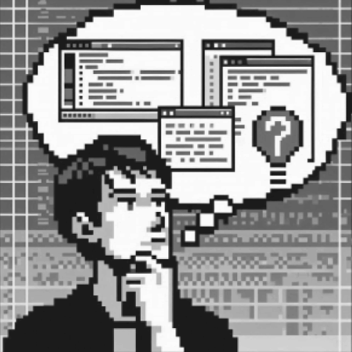 Pixel style art of a person thinking about code.