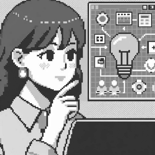 Pixel art image of a woman coding.